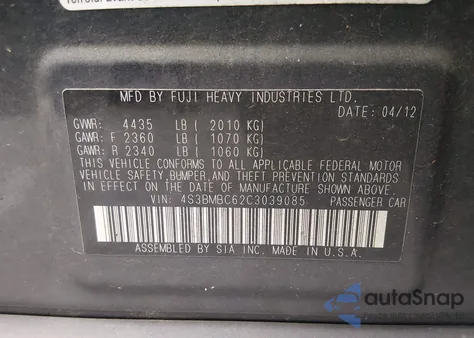 2012 Subaru Legacy 2.5I Premium from USA, damaged, VIN 4S3BMBC62C3039085